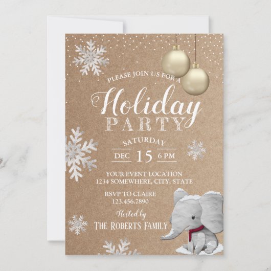 Elephant Rustic Winter Snowflakes Holiday Party Kaart (Voorkant)
