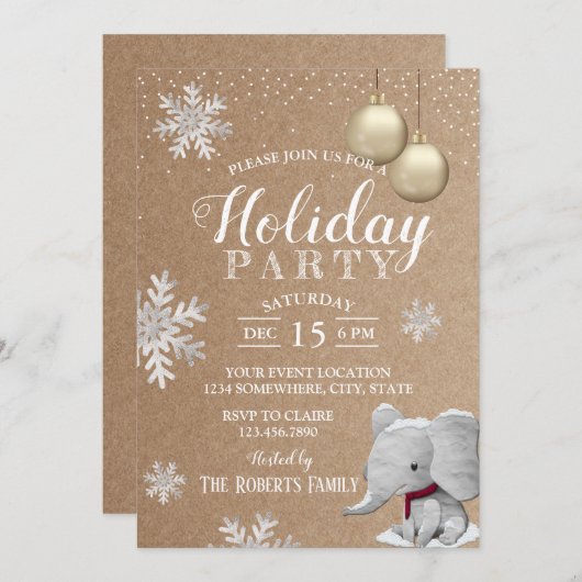 Elephant Rustic Winter Snowflakes Holiday Party Kaart (Voorkant / Achterkant)