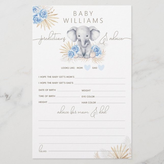 Elephant Safari Baby shower Boy Prediction Game (Voorkant)