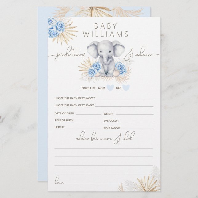 Elephant Safari Baby shower Boy Prediction Game (Voorkant / Achterkant)