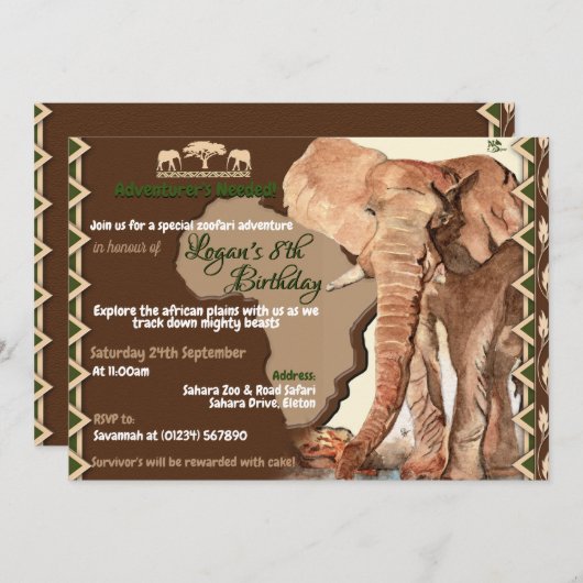 Elephant Safari Birthday Invitations Kaart (Voorkant / Achterkant)