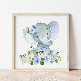Elephant, Safari, Blue Flowers, Boy Nursery Foto Afdruk