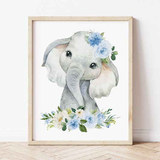 Elephant, Safari, Blue Flowers, Boy Nursery Foto Afdruk