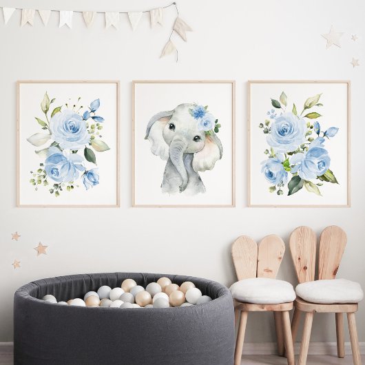 Elephant, Safari, Blue Flowers, Boy Nursery Muurkunst Sets