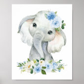 Elephant, Safari, Blue Flowers, Boy Nursery Poster (Voorkant)