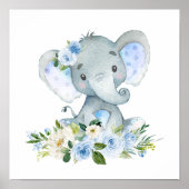 Elephant, Safari, Blue Flowers, Boy Nursery Poster (Voorkant)