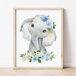 Elephant, Safari, Blue Flowers, Boy Nursery Poster