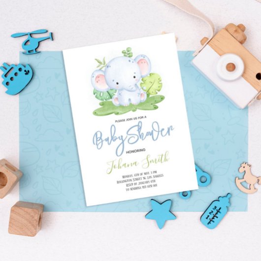 Elephant Safari Boy Baby shower Invitation Kaart
