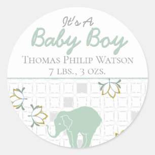 Elephant Safari Green Neutral Aankondiging geboo Ronde Sticker
