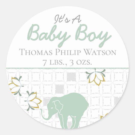 Elephant Safari Green Neutral | Aankondiging geboo Ronde Sticker (Voorkant)