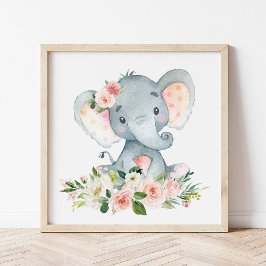 Elephant, Safari, Pink Flowers, Girl Nursery Foto Afdruk