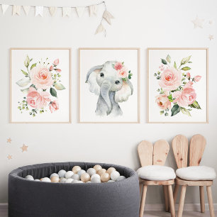 Elephant, Safari, Pink Flowers, Girl Nursery Muurkunst Sets