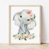Elephant, Safari, Pink Flowers, Girl Nursery Poster