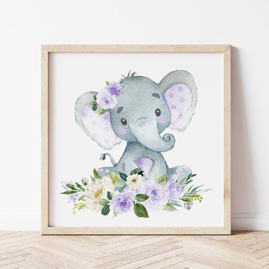 Elephant, Safari, Purple Flowers, Gender Neutral Foto Afdruk