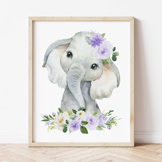 Elephant, Safari, Purple Flowers, Gender Neutral Foto Afdruk