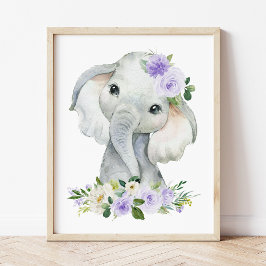 Elephant, Safari, Purple Flowers, Gender Neutral Poster