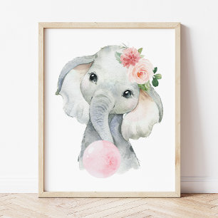 Elephant, Safari, Roze Bubble Gum, Girl Nursery Poster