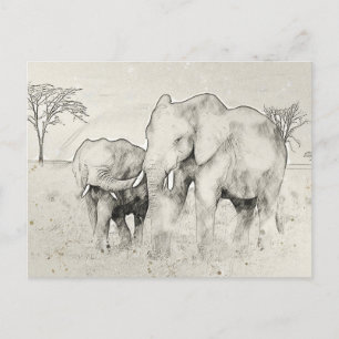 Elephant Safari Sketch Post Kaart