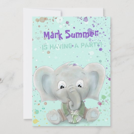 Elephant schattig jongetje verjaardagsuitnodiging aankondiging (Achterkant)