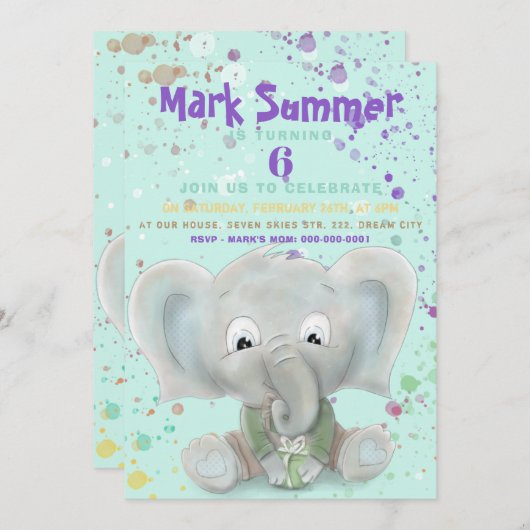 Elephant schattig jongetje verjaardagsuitnodiging aankondiging (Voorkant / Achterkant)