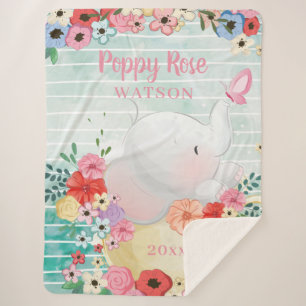 Elephant Sherpa Blanket met Bloemen + de Naam van  Deken