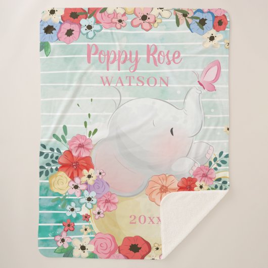 Elephant Sherpa Blanket met Bloemen + de Naam van  Sherpa Deken (Voorkant)
