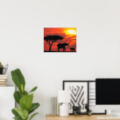 Elephant Silhouette Scene met Oranje Sky Poster (Thuiskantoor)