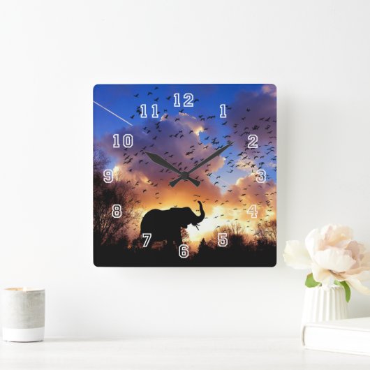 Elephant Silhouette Square Clock Vierkante Klok (Huis)