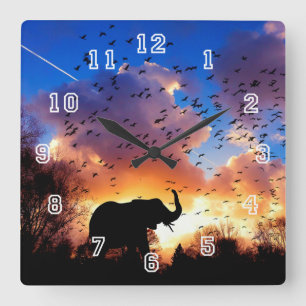 Elephant Silhouette Square Clock Vierkante Klok