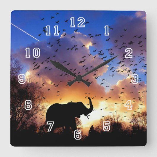 Elephant Silhouette Square Clock Vierkante Klok (Voorkant)