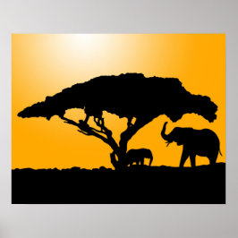 Elephant Silhouettes op Sunset Poster
