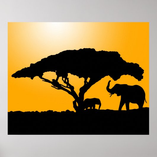 Elephant Silhouettes op Sunset Poster (Voorkant)