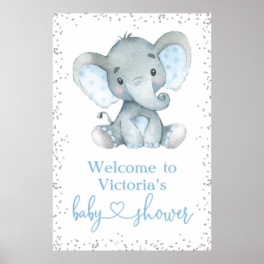 Elephant Silver Glitter Baby shower Welcome Sign Poster (Voorkant)