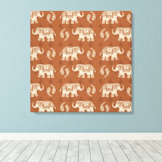 Elephant Sinaasappel Caravan Pattern Canvas Afdruk (Insitu (Houten vloer))