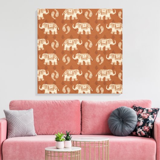 Elephant Sinaasappel Caravan Pattern Canvas Afdruk (Insitu (Woonkamer))