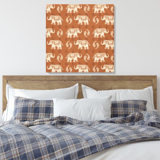 Elephant Sinaasappel Caravan Pattern Canvas Afdruk (Insitu (Slaapkamer))