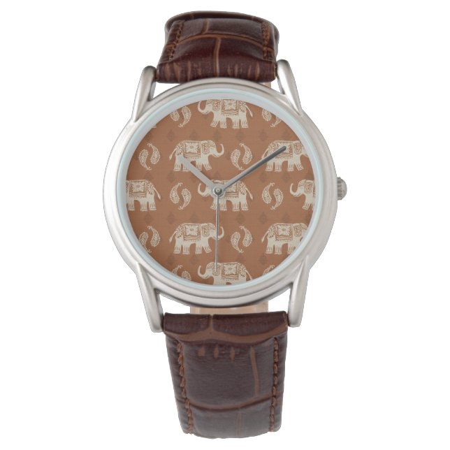 Elephant Sinaasappel Caravan Pattern Horloge (Voorkant)
