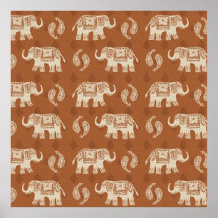 Elephant Sinaasappel Caravan Pattern Poster