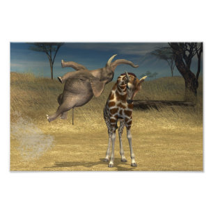 Elephant springt over Giraffe Foto Afdruk