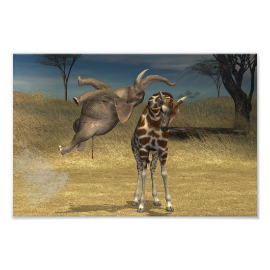 Elephant springt over Giraffe Foto Afdruk (Voorkant)