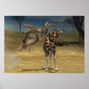 Elephant springt over Giraffe Poster