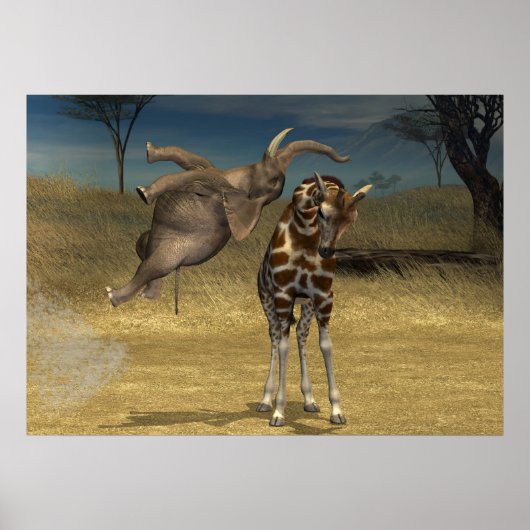 Elephant springt over Giraffe Poster (Voorkant)