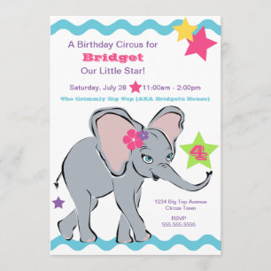Elephant Star Invitation Bright Colorful Girl Kaart