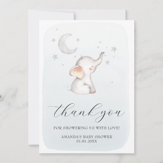 Elephant Stars Moon Dusty Blue Boy Baby shower Bedankkaart (Voorkant)
