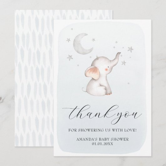 Elephant Stars Moon Dusty Blue Boy Baby shower Bedankkaart (Voorkant / Achterkant)