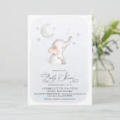 Elephant Stars Moon Dusty Blue Boy Baby shower Kaart (Staand voorkant)