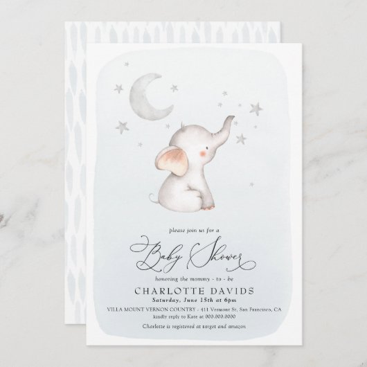 Elephant Stars Moon Dusty Blue Boy Baby shower Kaart (Voorkant / Achterkant)