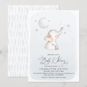 Elephant Stars Moon Dusty Blue Boy Baby shower Kaart