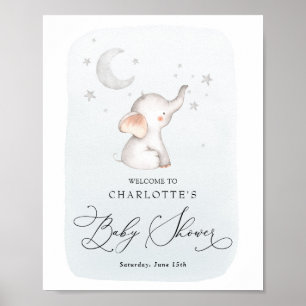 Elephant Stars Moon Dusty Blue Boy Baby shower Poster