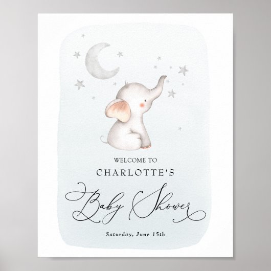 Elephant Stars Moon Dusty Blue Boy Baby shower Poster (Voorkant)